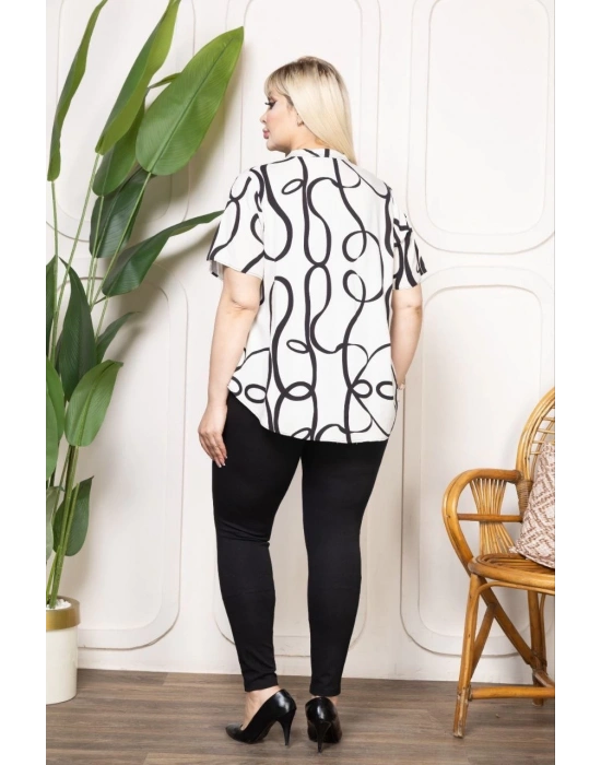 Kadın Desenli Püsküllü Viskon Bluz Bebe Yaka Kısa Kollu Big Size Rahat Kesim - Desenli