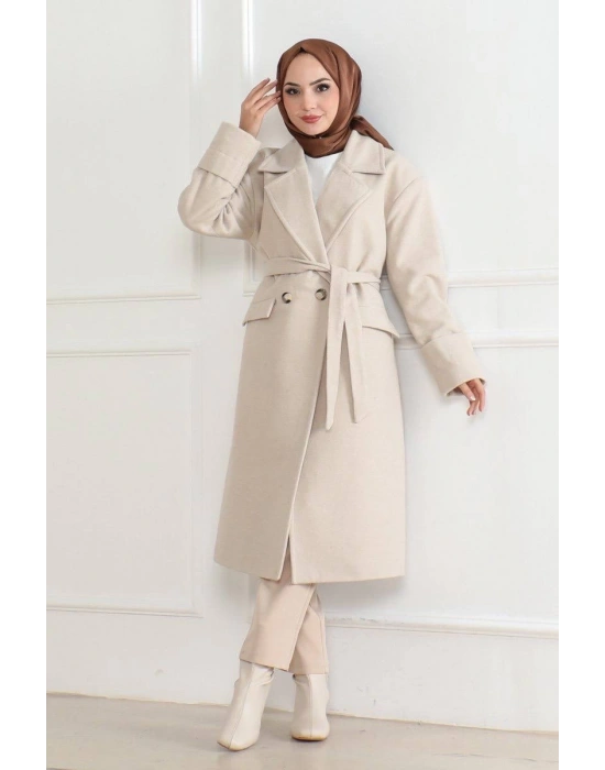 Kadın Düğmeli İçi Astarlı Kaşmir Kaşe Kaban - Bej