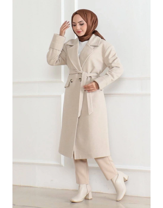 Kadın Düğmeli İçi Astarlı Kaşmir Kaşe Kaban - Bej