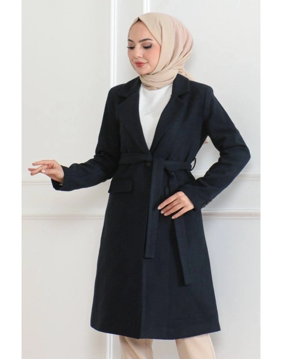 Kadın Düğmeli İçi Astarlı Kaşmir Kaşe Kaban - Lacivert