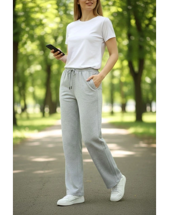 Kadın Düz Paça Beli Lastikli İpli Günlük Spor Eşofman Altı Rahat Fit - Gri