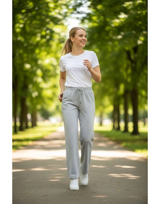 Kadın Düz Paça Beli Lastikli İpli Günlük Spor Eşofman Altı Rahat Fit - Gri