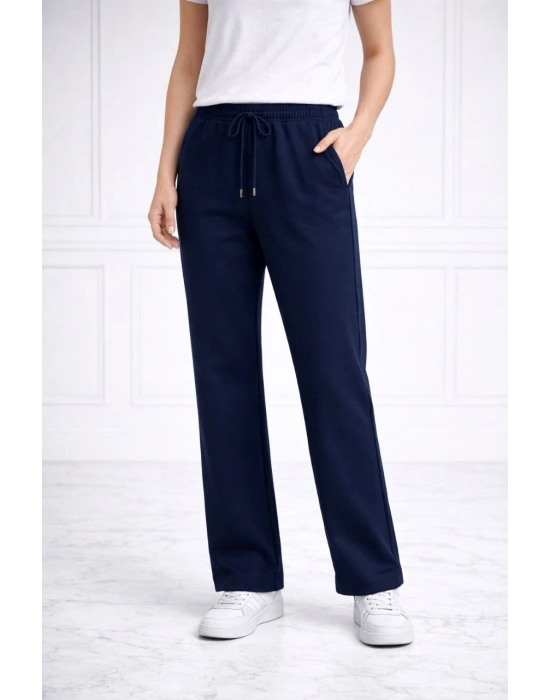 Kadın Düz Paça Beli Lastikli İpli Günlük Spor Eşofman Altı Rahat Fit - Lacivert