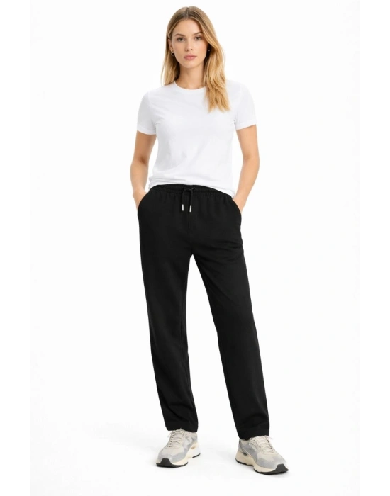 Kadın Düz Paça Beli Lastikli İpli Günlük Spor Eşofman Altı Rahat Fit - Siyah