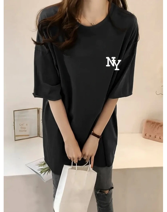 Kadın Eğlenceli Harf NY Baskılı Bisiklet Yaka Tişört - Rahat Polyester, Makinede Yıkanabilir - Yaz ve Fitness için Mükemmel, Yuvarlak Yaka - Siyah