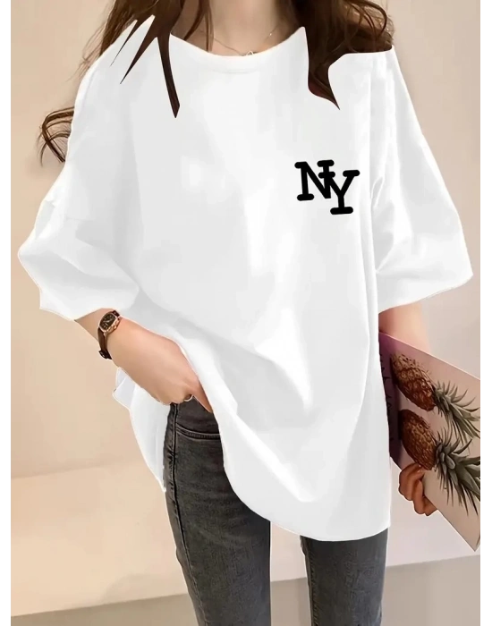 Kadın Eğlenceli Harf NY Baskılı Bisiklet Yaka Tişört - Rahat Polyester, Makinede Yıkanabilir - Yaz ve Fitness için Mükemmel, Yuvarlak Yaka- Beyaz