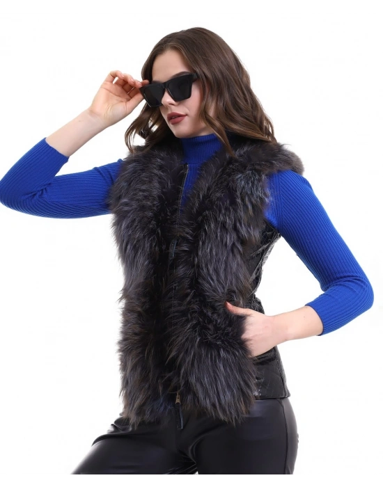 Kadın Fermuarlı Koyun Derisi Tilki Kürkü - Siyah