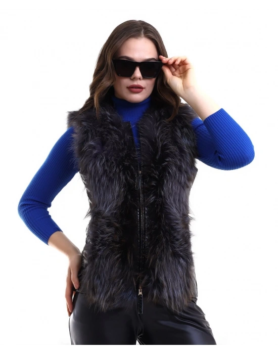Kadın Fermuarlı Koyun Derisi Tilki Kürkü - Siyah