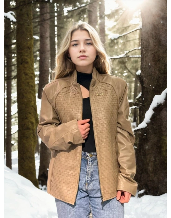 Kadın Fileli Deri Ceket - Krem