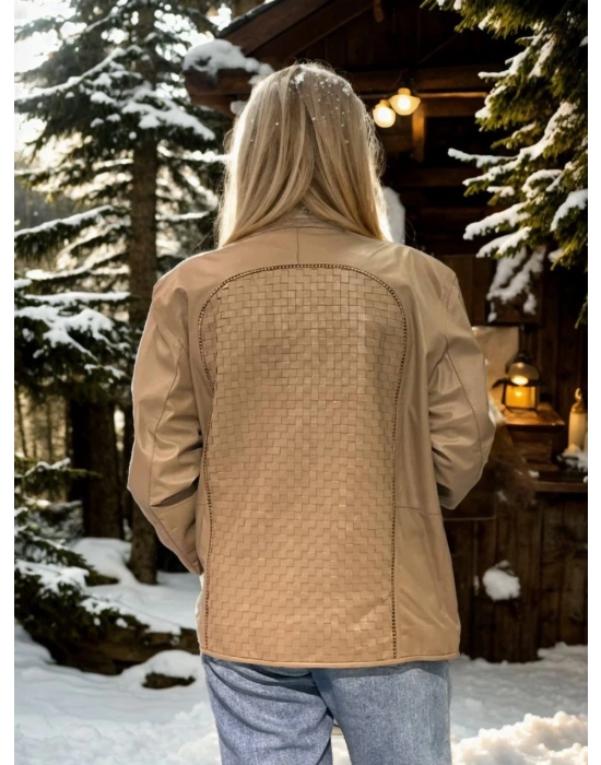 Kadın Fileli Deri Ceket - Krem
