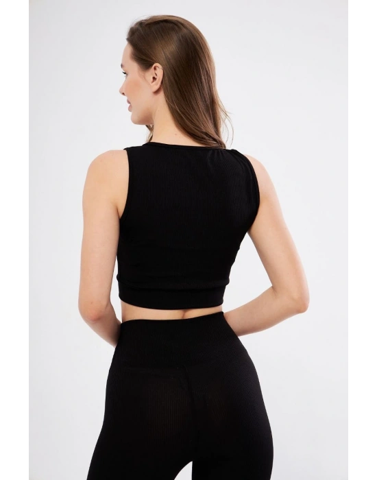 Kadın Fitilli Baskılı Crop - Siyah