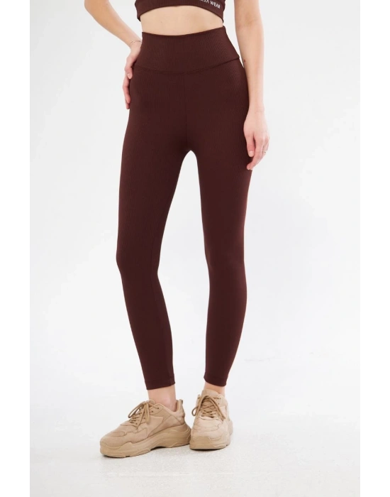 Kadın Fitilli Full Likralı Yüksek Bel Toparlayıcı Tayt Günlük ve Spor Kullanım - Bordo