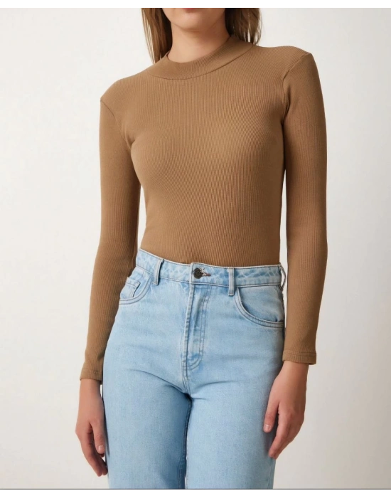 Kadın Full Likralı Fitilli Kaşkorse Body - Kahve