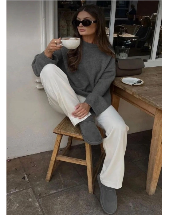 Kadın Gri Oversize Triko Kazak