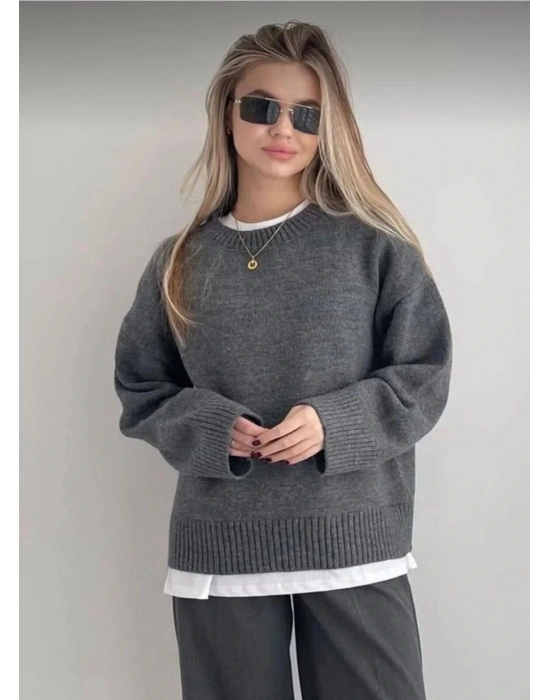 Kadın Gri Oversize Triko Kazak