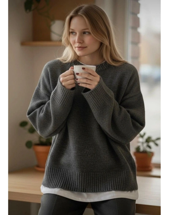 Kadın Gri Oversize Triko Kazak