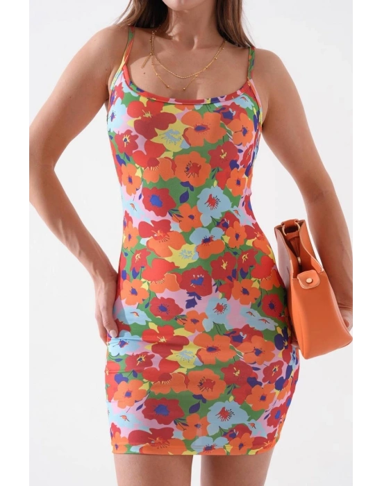 Kadın ince askılı desenli elbise s8105