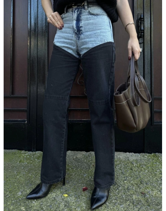 Kadın Jeans Kot Parçalı Palazzo Pantolon - Siyah