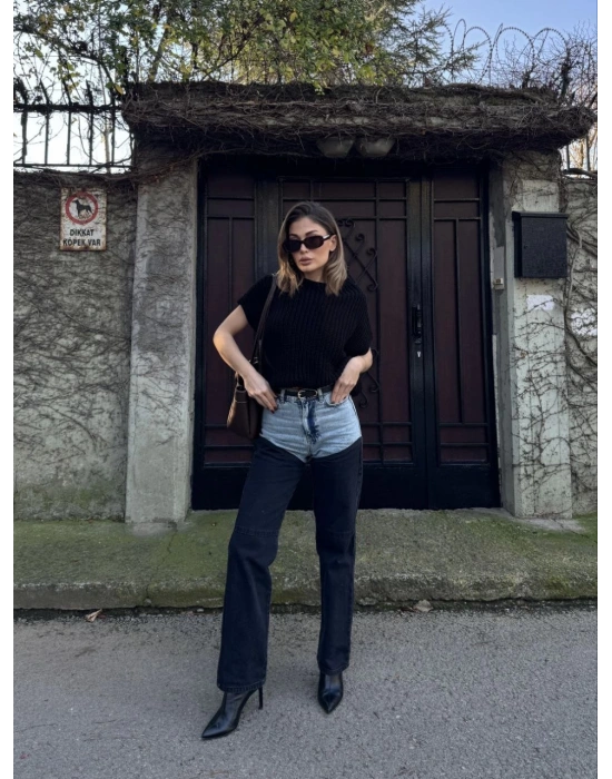 Kadın Jeans Kot Parçalı Palazzo Pantolon - Siyah