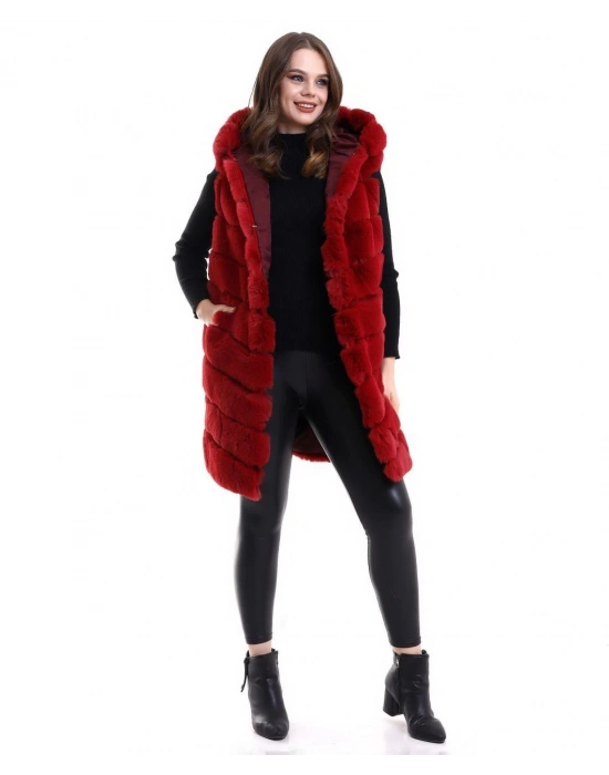 Kadın Kapşonlu Peluş Kürk Yelek Premium Kalite, Tam Astarlı, Uzun Model - Kırmızı