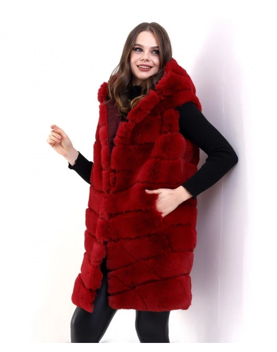 Kadın Kapşonlu Peluş Kürk Yelek Premium Kalite, Tam Astarlı, Uzun Model - Kırmızı
