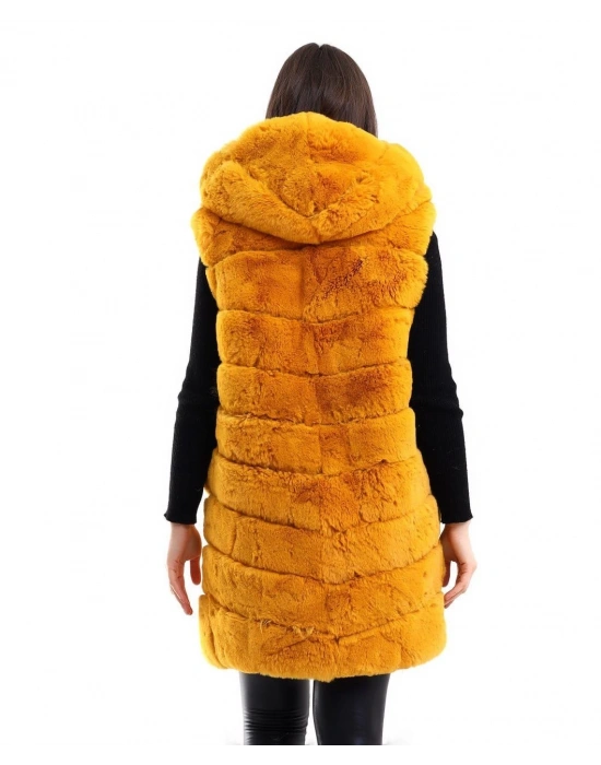Kadın Kapşonlu Peluş Kürk Yelek Premium Kalite, Tam Astarlı, Uzun Model - Sarı