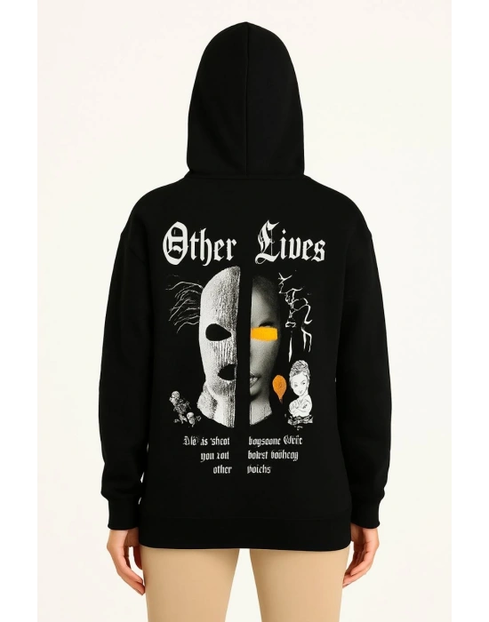 Kadın Kapşonlu Sweatshirt – Oversize Üç İplik Şardonlu Hoodie, “Other Lives” Ön & Arka Baskılı, Kanguru Cepli, Kışlık Rahat Günlük Stil- Siyah