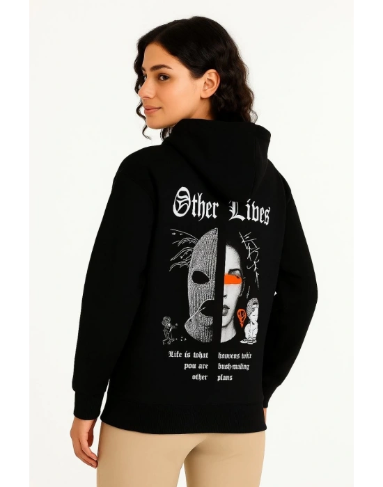 Kadın Kapşonlu Sweatshirt – Oversize Üç İplik Şardonlu Hoodie, “Other Lives” Ön & Arka Baskılı, Kanguru Cepli, Kışlık Rahat Günlük Stil- Siyah