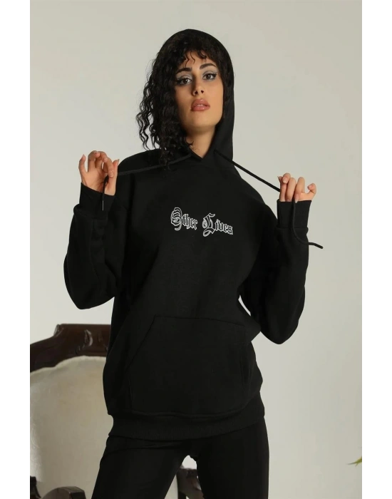 Kadın Kapşonlu Sweatshirt – Oversize Üç İplik Şardonlu Hoodie, “Other Lives” Ön & Arka Baskılı, Kanguru Cepli, Kışlık Rahat Günlük Stil - Siyah