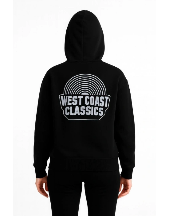 Kadın Kapşonlu Sweatshirt – Oversize Üç İplik Şardonlu Hoodie, “West Coast Classics” Ön & Arka Baskılı, Kanguru Cepli Kışlık Günlük Stil - Siyah