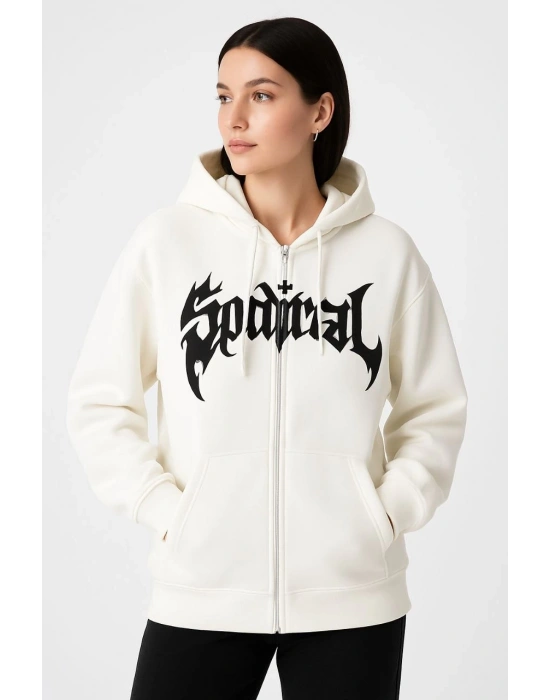 Kadın Kapüşonlu 3 İplik Şardonlu Önü Baskılı Fermuarlı Oversize Sweatshirt - Beyaz