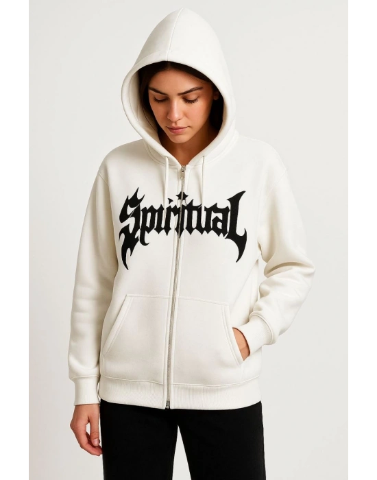 Kadın Kapüşonlu 3 İplik Şardonlu Önü Baskılı Fermuarlı Oversize Sweatshirt - Beyaz