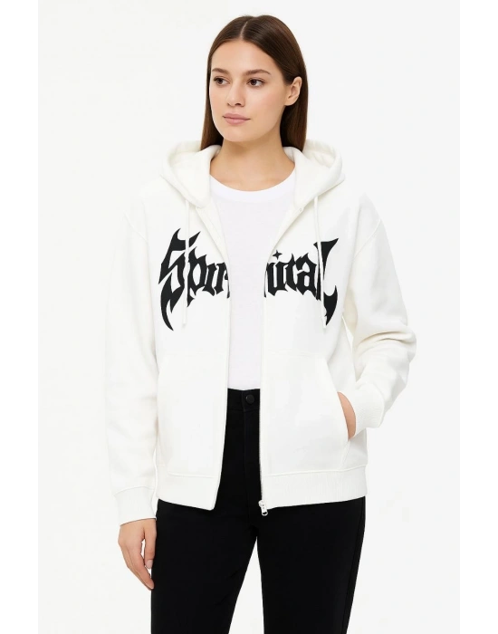 Kadın Kapüşonlu 3 İplik Şardonlu Önü Baskılı Fermuarlı Oversize Sweatshirt - Beyaz