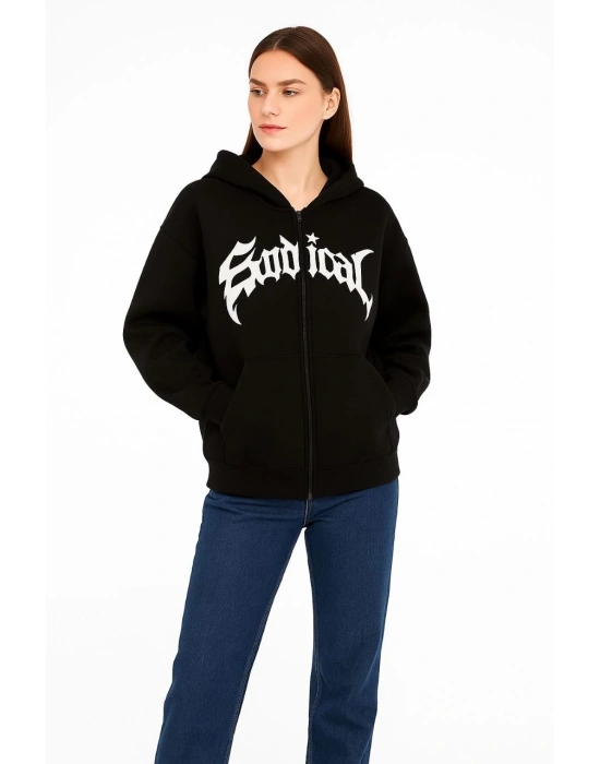 Kadın Kapüşonlu 3 İplik Şardonlu Önü Baskılı Fermuarlı Oversize Sweatshirt - Siyah