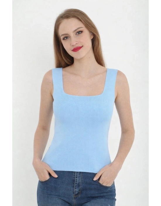 Kadın Kare Yaka Detay Crop - Mavi