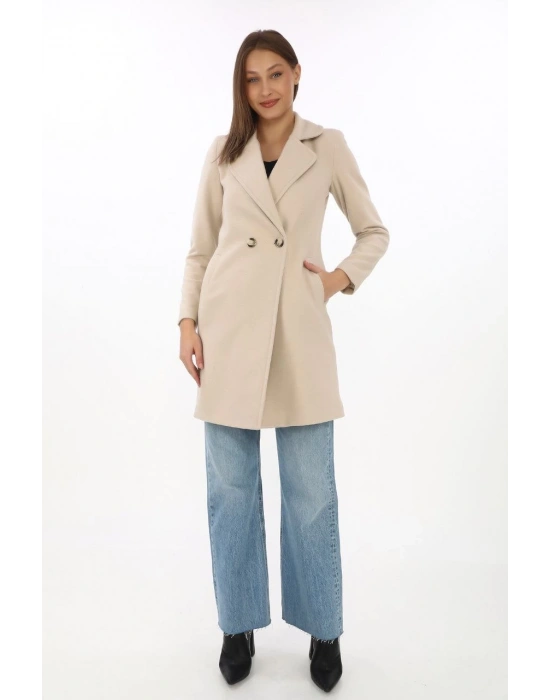Kadın Kaşe Kaban – Siyah Yünlü Dokuma, Kruvaze Yaka, Astarlı, Cepli, Kuşaklı Uzun Boy Tesettür Uyumlu Kışlık Şık Kaban - Bej