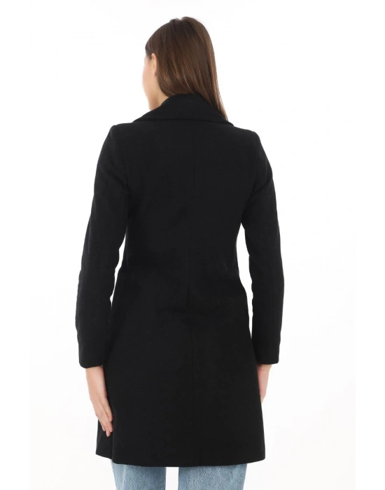 Kadın Kaşe Kaban – Siyah Yünlü Dokuma, Kruvaze Yaka, Astarlı, Cepli, Kuşaklı Uzun Boy Tesettür Uyumlu Kışlık Şık Kaban - Siyah