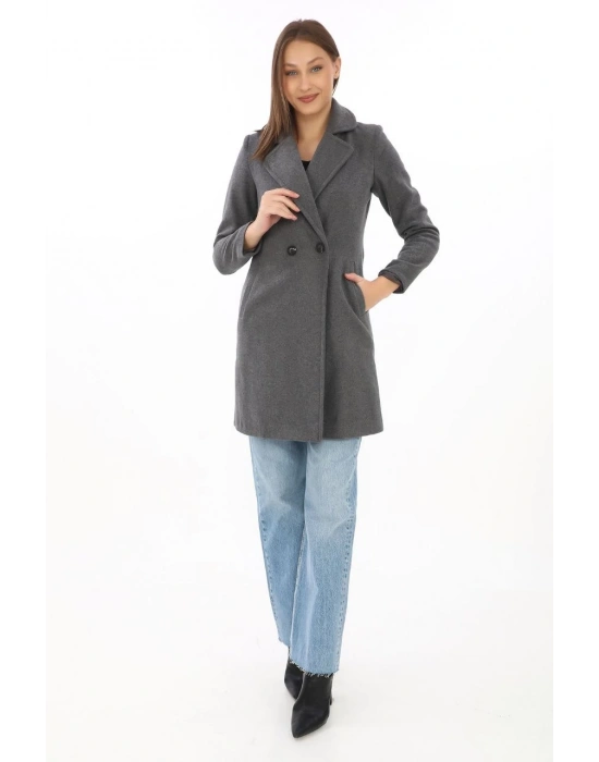 Kadın Kaşe Kaban – Siyah Yünlü Dokuma, Kruvaze Yaka, Astarlı, Cepli, Kuşaklı Uzun Boy Tesettür Uyumlu Kışlık Şık Kaban - Füme