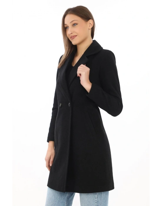 Kadın Kaşe Kaban – Siyah Yünlü Dokuma, Kruvaze Yaka, Astarlı, Cepli, Kuşaklı Uzun Boy Tesettür Uyumlu Kışlık Şık Kaban - Siyah