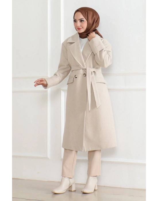 Kadın Kaşe Kaban – Uzun Boy Kruvaze Yaka Kuşaklı Tesettür Kaşe Kışlık Kaban, Astarlı Şık Yünlü Dokuma Oversize Rahat Kalıp Cepli Düğmeli Modern Kap Modeli - Bej