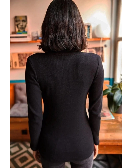 Kadın Kaşkorse Boğazlı Full Likralı Fitilli Body Kazak - Siyah