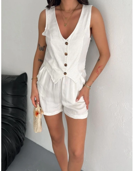 Kadın keten şort yelek takım s3461