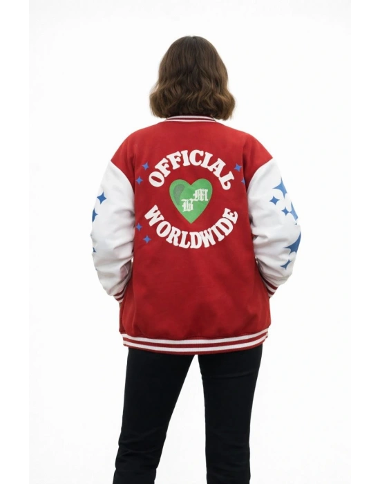 Kadın Kırmızı Varsity Çıtçıtlı Baskılı Oversize kalıp Kolej Ceket - Kırmızı