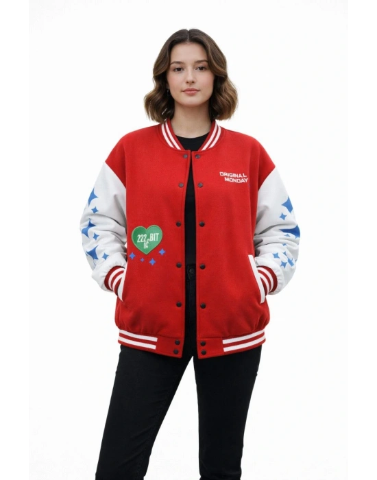 Kadın Kırmızı Varsity Çıtçıtlı Baskılı Oversize kalıp Kolej Ceket - Kırmızı