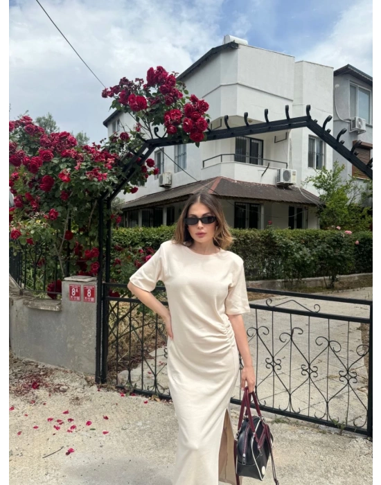 Kadın Kısa Kollu Uzun Yandan Yırtmaçlı Elbise - Bej