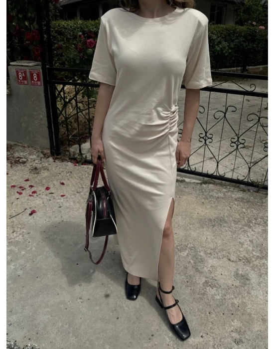 Kadın Kısa Kollu Uzun Yandan Yırtmaçlı Elbise - Bej