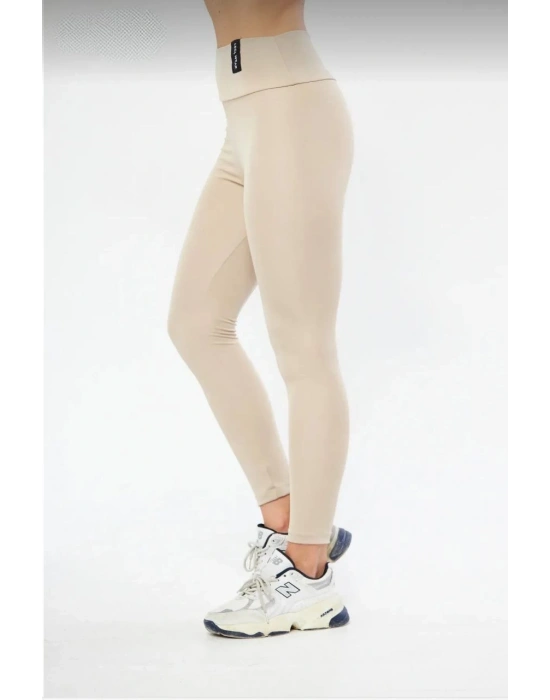 Kadın Kışlık Yüksek Bel Toparlayicı ve Sıkılaştırıcı Likralı Şardonlu Tayt - Bej