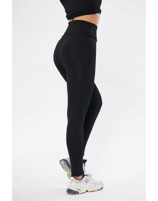 Kadın Kışlık Yüksek Bel Toparlayicı ve Sıkılaştırıcı Likralı Şardonlu Tayt - Siyah