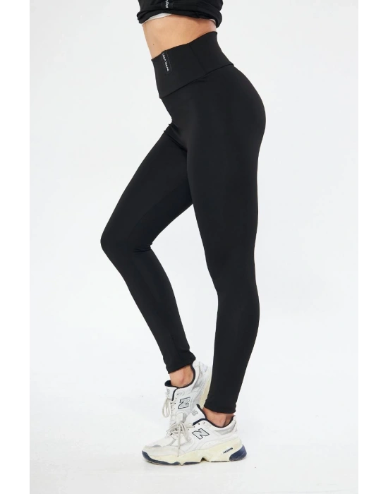 Kadın Kışlık Yüksek Bel Toparlayicı ve Sıkılaştırıcı Likralı Şardonlu Tayt - Siyah