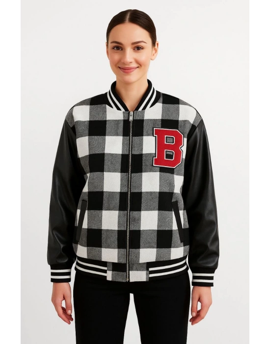 Kadın Kolej Ceket – Kareli Oduncu Kumaş, Kolları Suni Deri, Fermuarlı, İçi Kapitone Astarlı, Nakışlı Oversize Bahar & Kış Stil - Gri